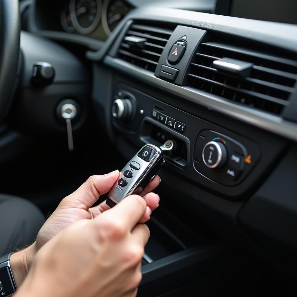 Hands replacing the key fob socket in a BMW 328i