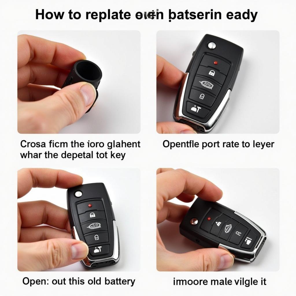 Step-by-step guide on replacing the battery in a Subaru Crosstrek key fob, showing the open fob, old battery, new battery, and tools.