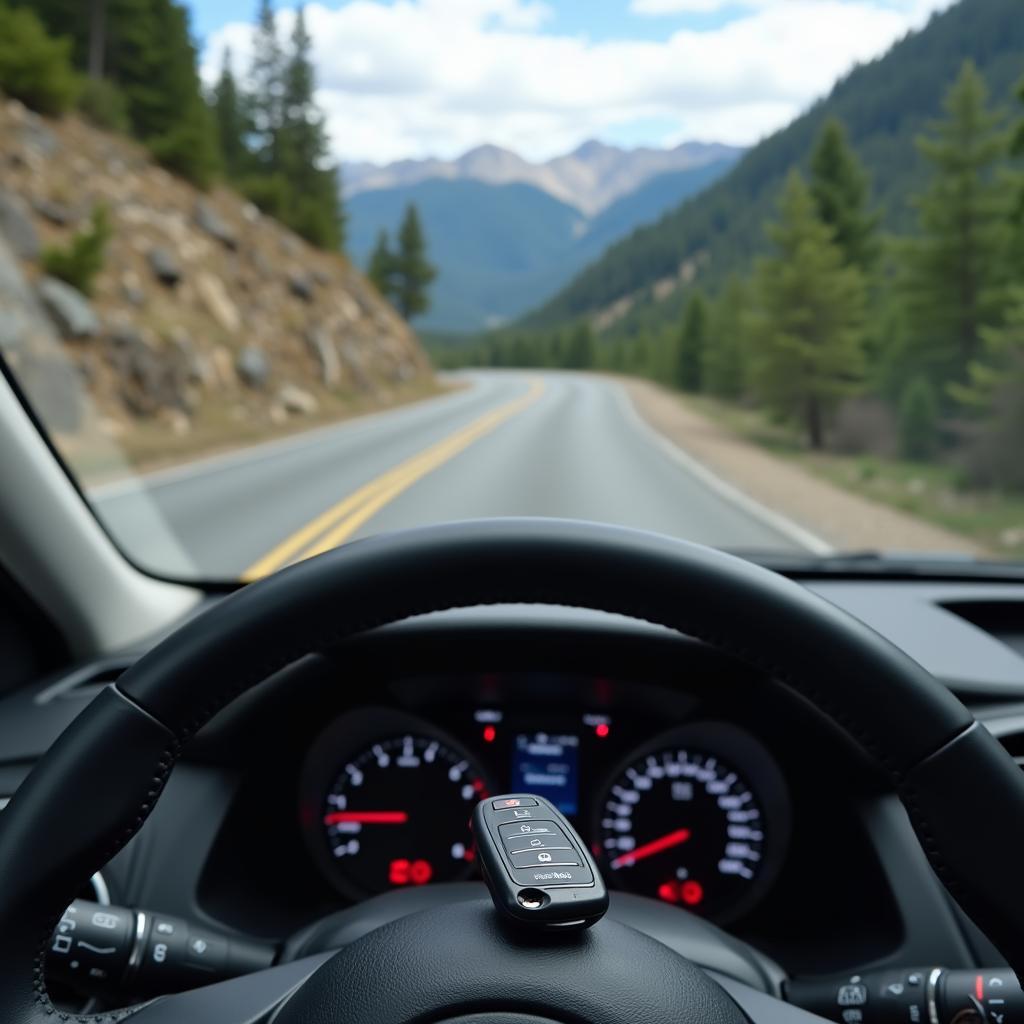 Subaru key fob and car on a road trip