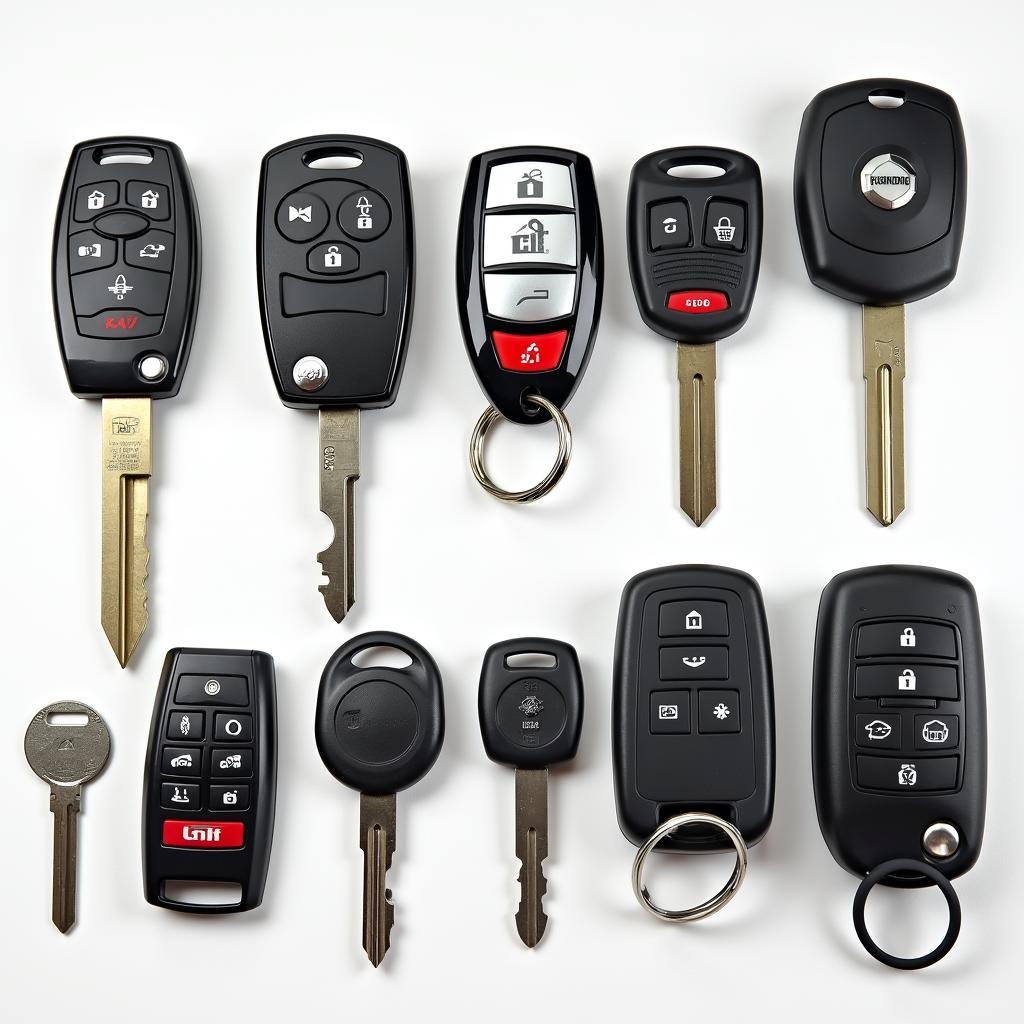 Different types of car keys and key fobs, illustrating the evolution of car security technology