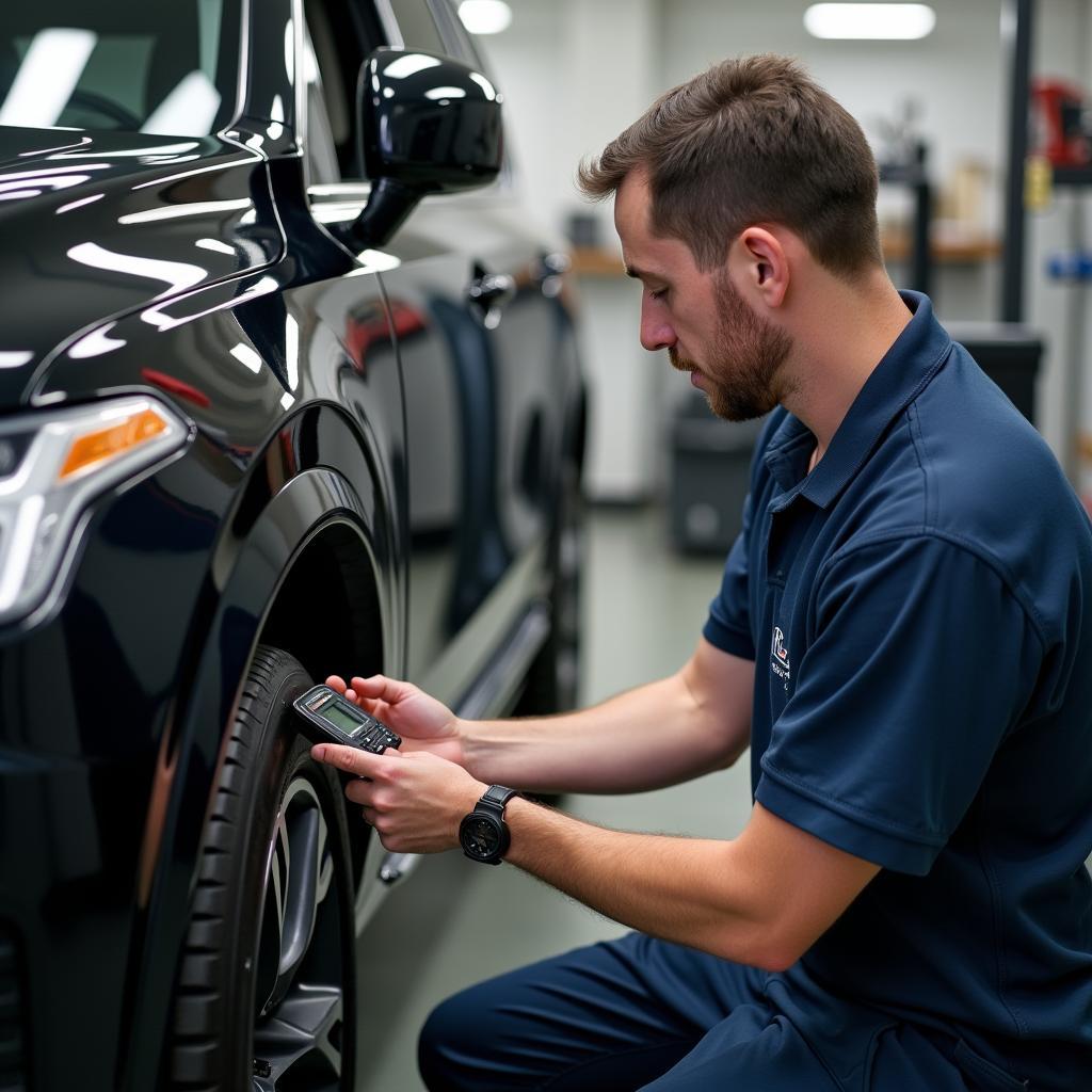 Automotive locksmith programming a Volvo XC90 key using specialized equipment