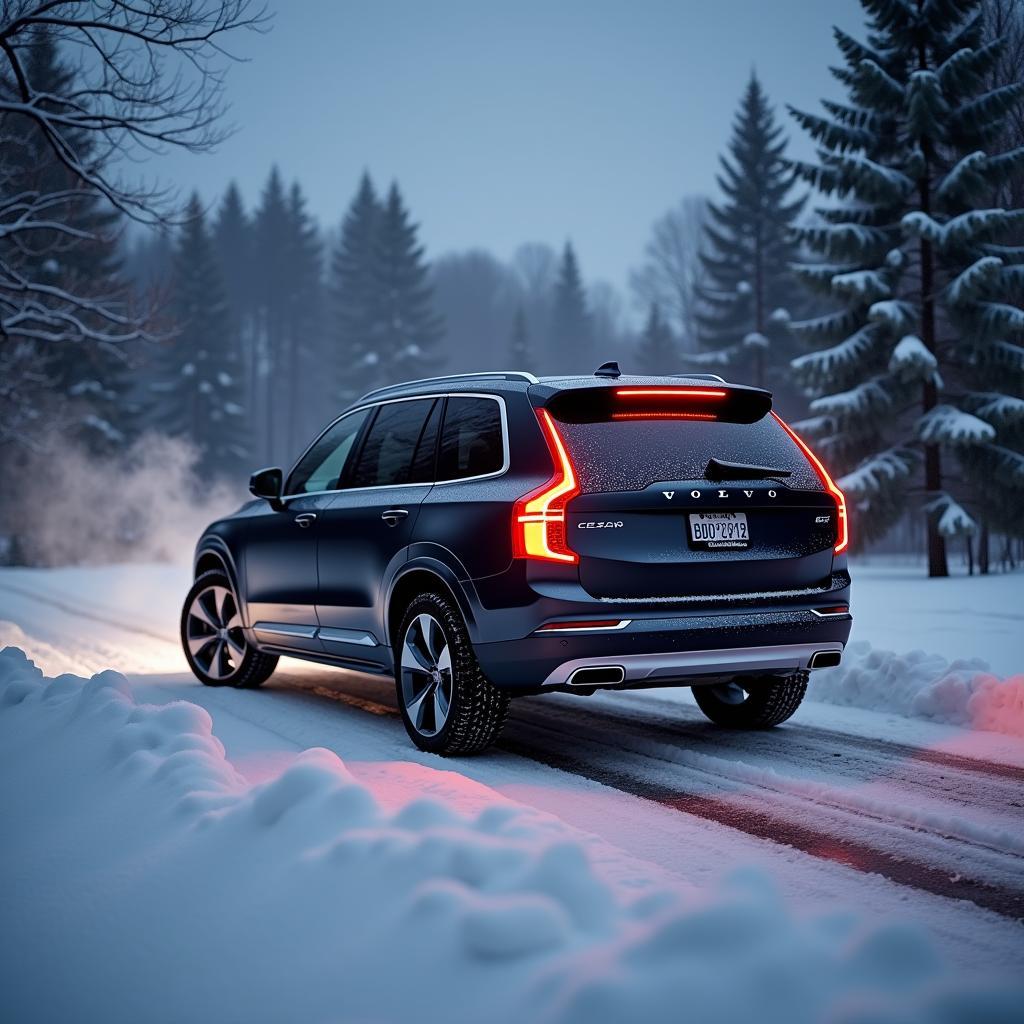  A 2018 Volvo XC90 parked on a snowy driveway with its engine running via remote start