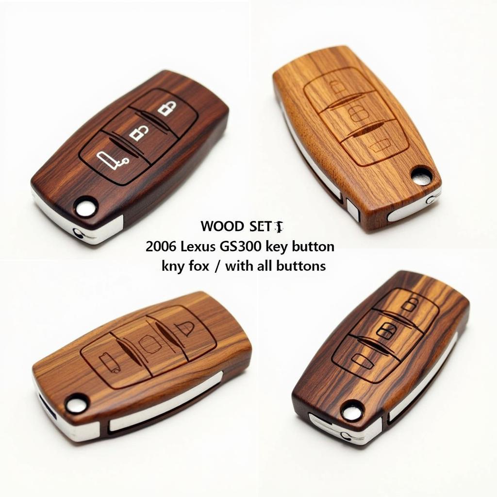 Variety of wooden key fob cases designed for the 2006 Lexus GS300 key fob, showcasing different wood types, finishes, and button layouts.