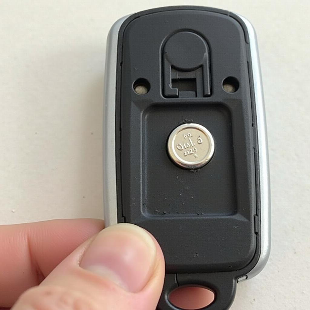 1999 BMW 323i Key Fob Battery Location - Detailed view of the battery compartment and the CR2032 battery inside a BMW key fob.