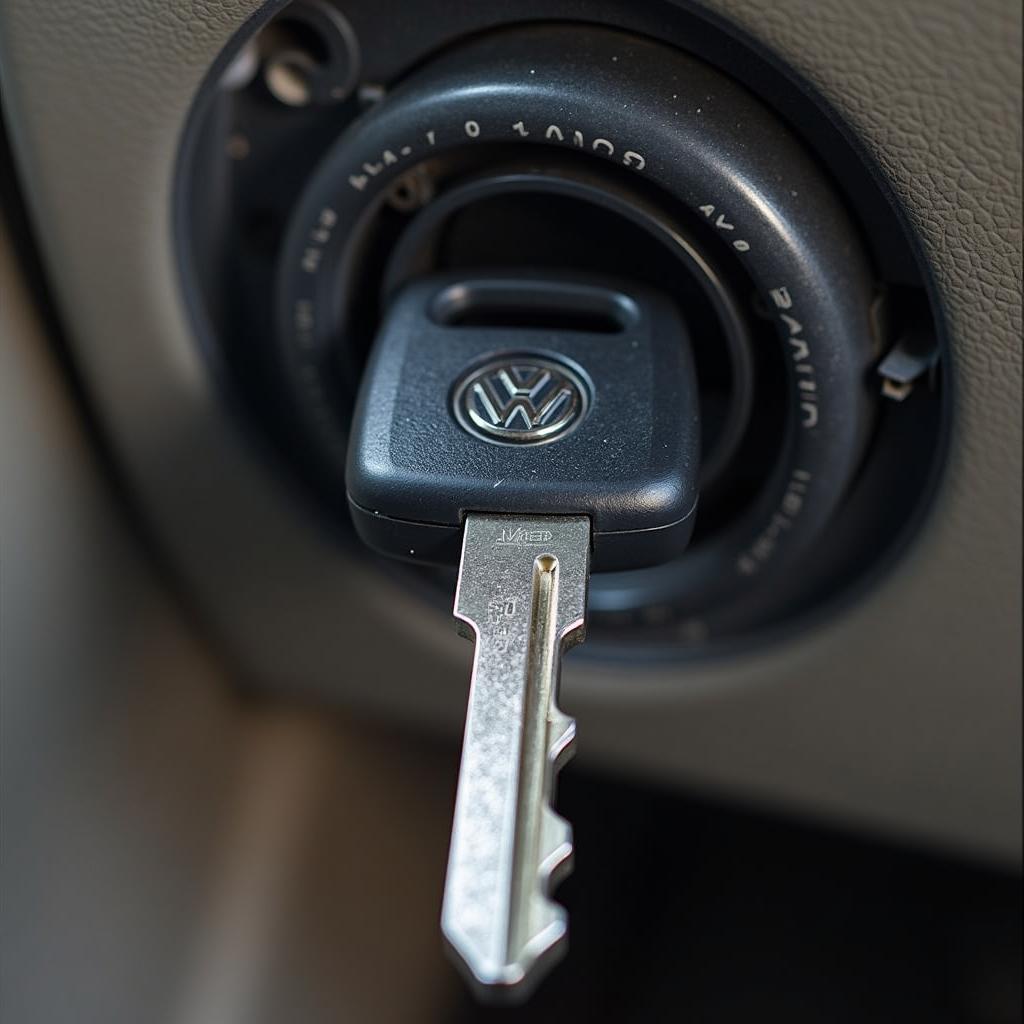 2007 VW Passat key fob stuck in the ignition switch, close-up view of the key and ignition.