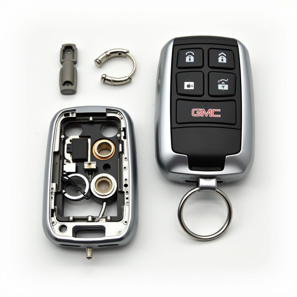 2011 GMC Yukon Key Fob Components: A detailed view of the internal components of a 2011 GMC Yukon key fob, including the circuit board, battery, and transponder chip.