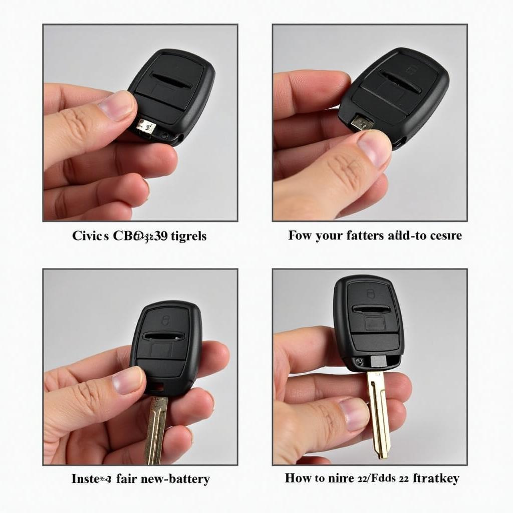 Replacing the battery in a 2011 Honda Civic key fob. This image shows the key fob opened, with the old battery being removed and the new battery being inserted.