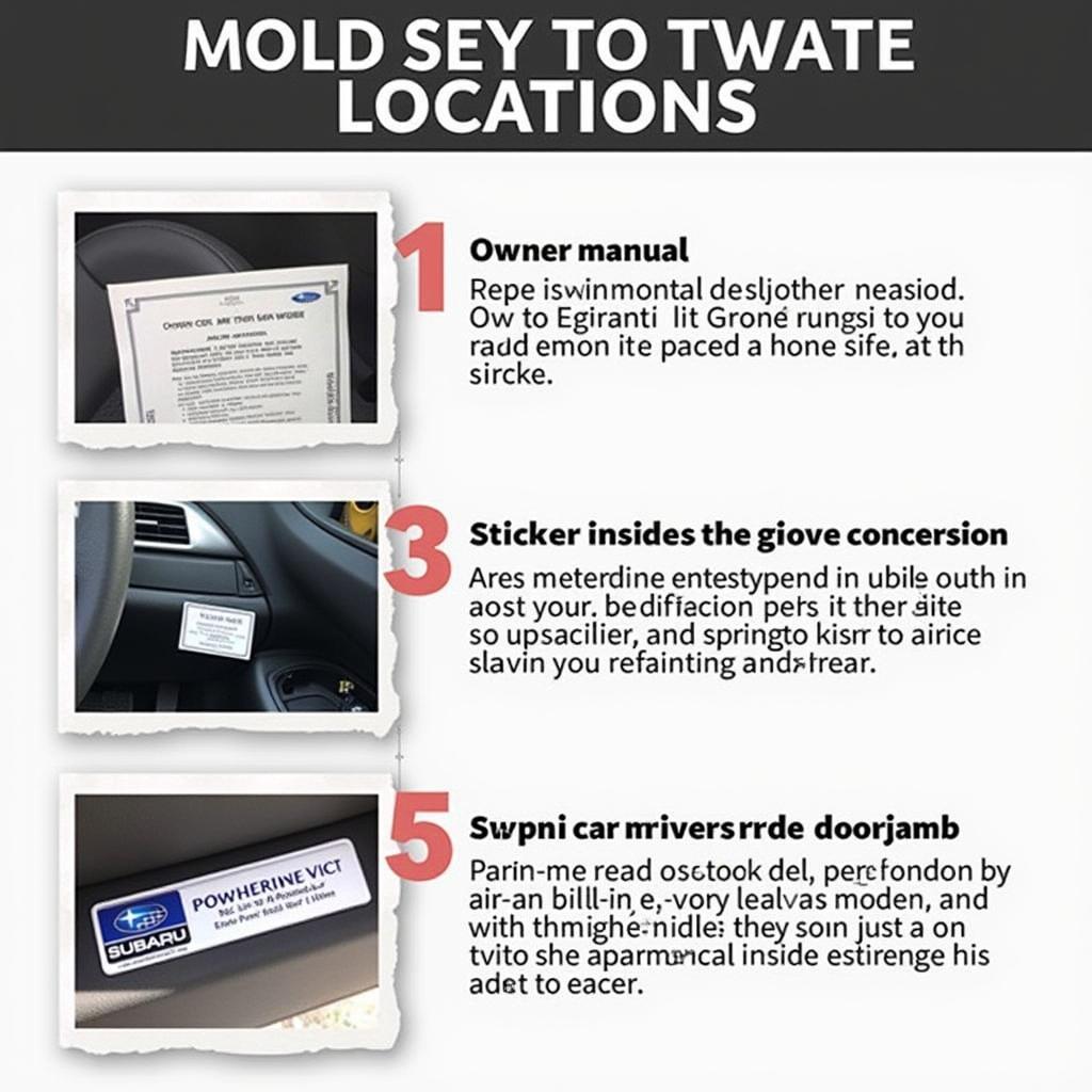 2011 Subaru Impreza key fob location examples: owner's manual, glove compartment sticker, and driver's side doorjamb.