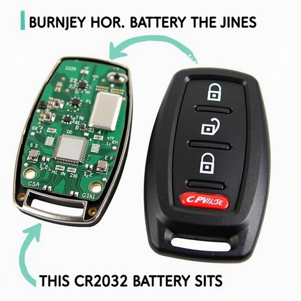 Inside view of a 2012 Dodge Charger key fob, showing the battery placement on the circuit board.