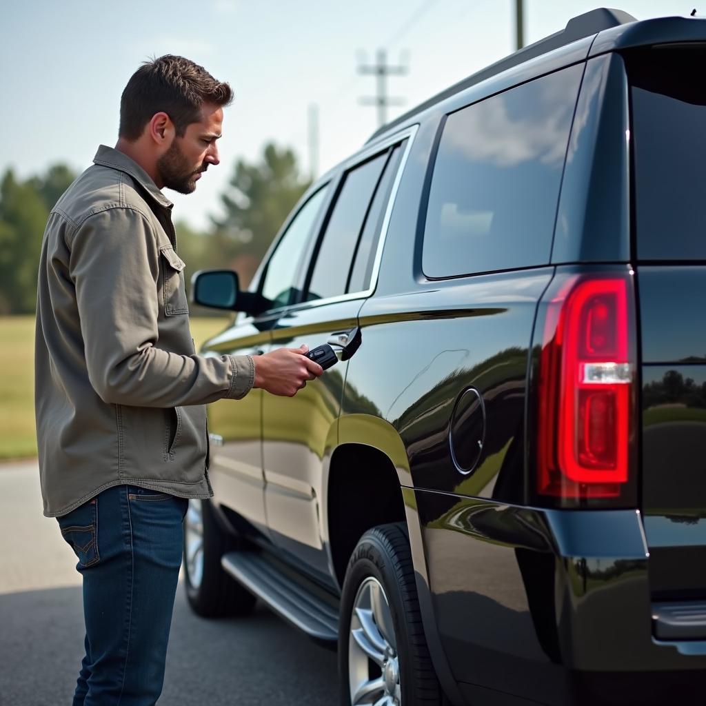 2017 Chevy Suburban Key Fob Low Battery Range: A man struggles to unlock his car from a distance due to a weak key fob battery.