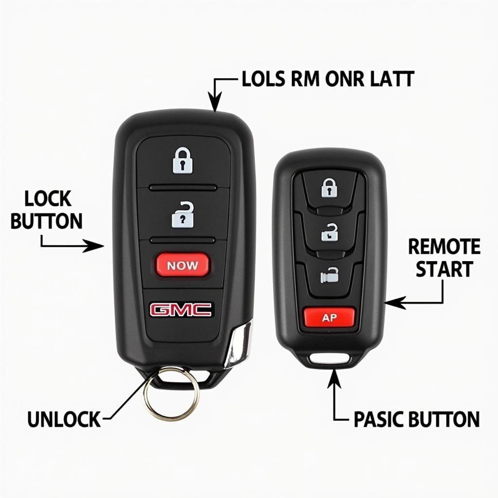 2017 GMC Sierra Key Fob Features:  A close-up view of the key fob, highlighting its buttons and functions, including lock, unlock, remote start, and panic alarm.