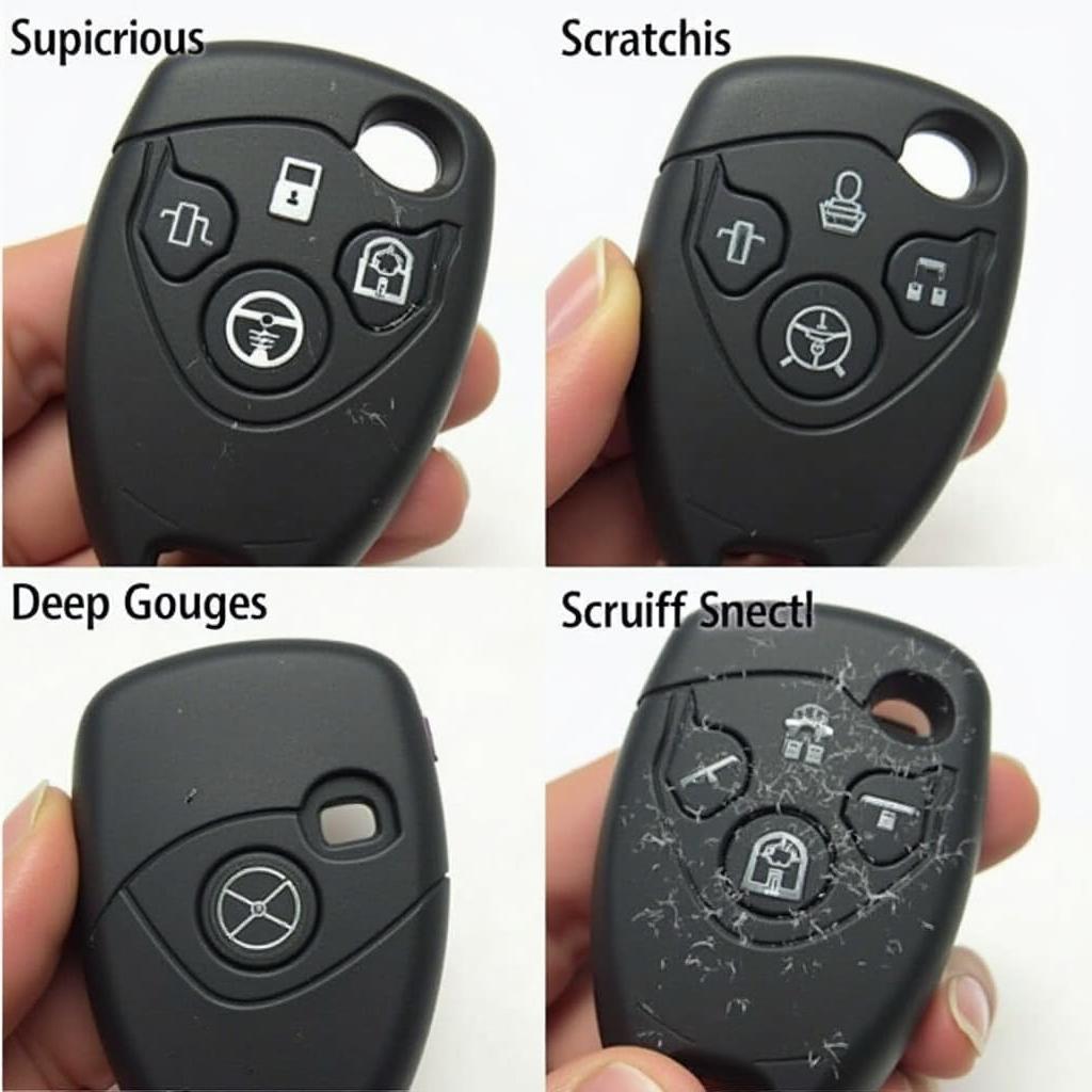 2017 Volvo XC90 Key Fob Scratches: Close-up view of various scratches on a 2017 Volvo XC90 key fob, showing different depths and types of damage.