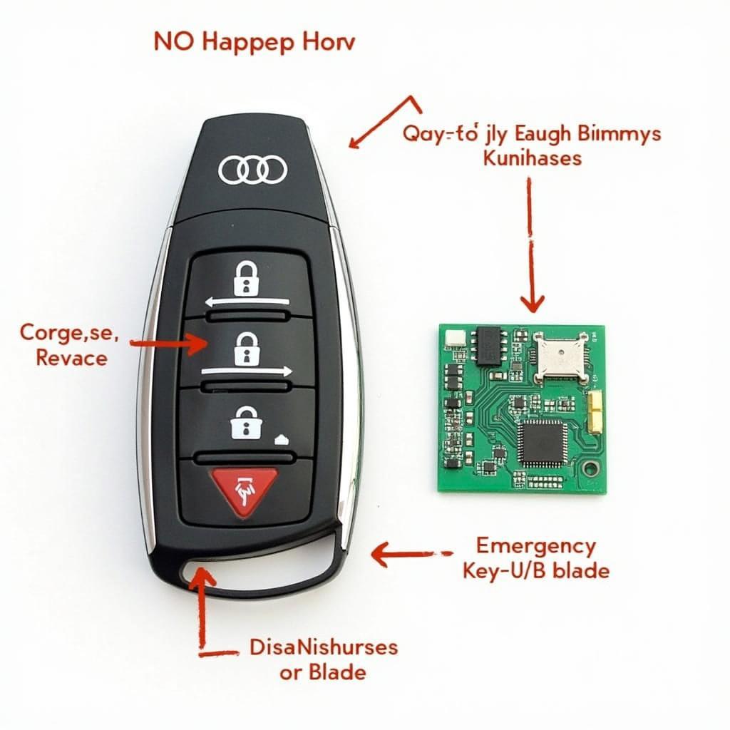 Audi A6 Key Fob Components: A detailed view of the key fob's battery compartment, emergency key blade, and electronic components.