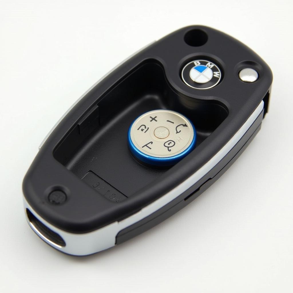 BMW 535i key fob with a newly installed CR2032 battery.