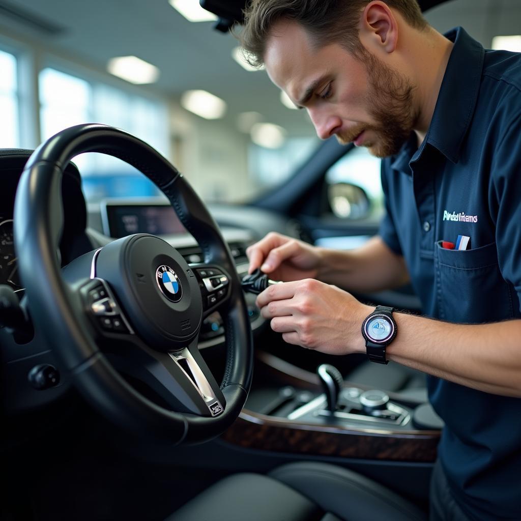 A BMW technician programming a new key fob