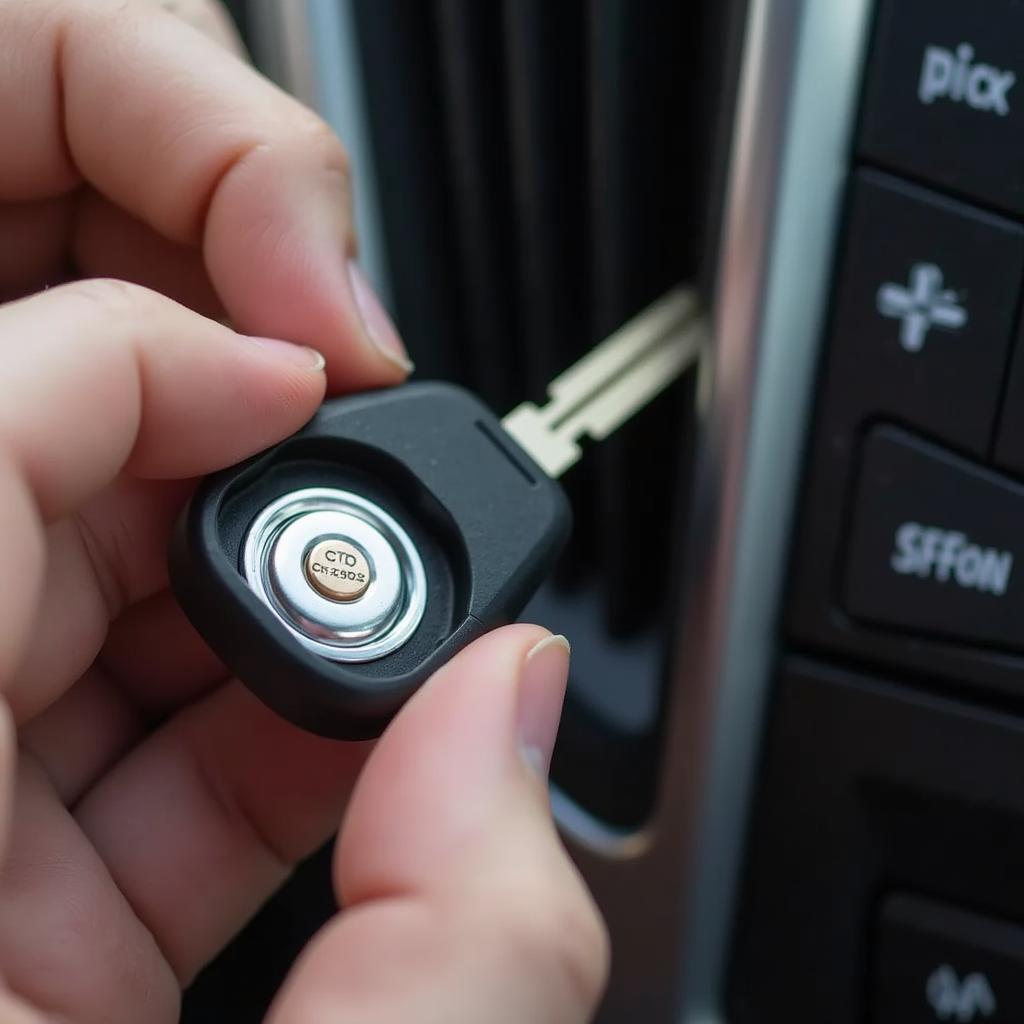 Inserting a new CR2032 battery into a 2015 Cadillac SRX key fob.