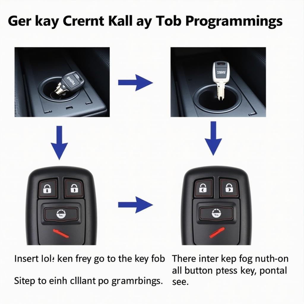 Chrysler 300 Key Fob Programming Steps: Illustrated guide showing the key fob programming sequence using two existing keys and the vehicle's ignition switch.