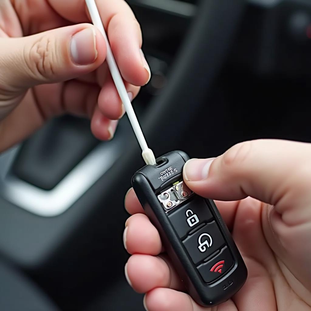 Cleaning the battery contacts in a 2019 Mazda Key Fob using a cotton swab and rubbing alcohol.