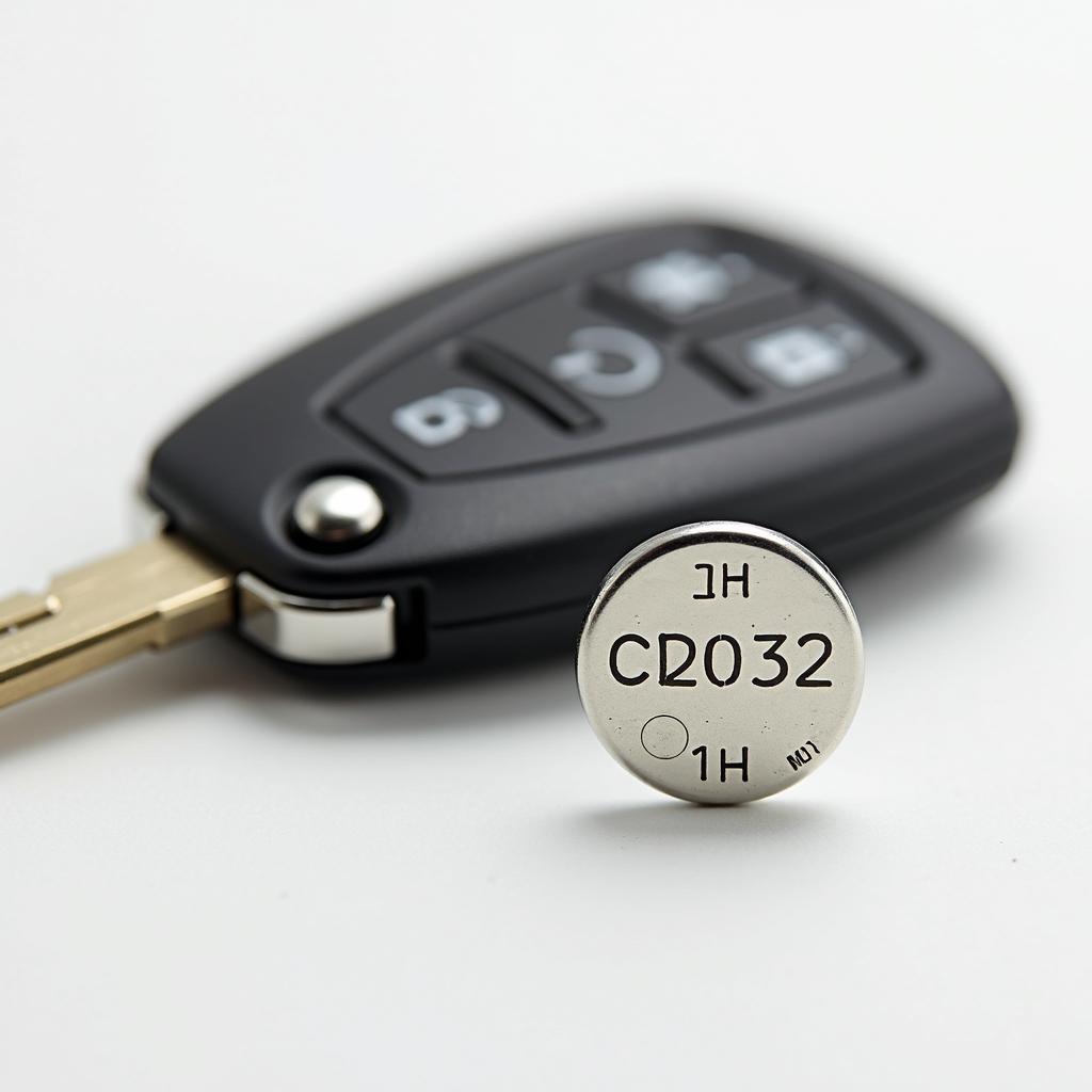 Close-up of a CR2032 battery next to a 2010 Prius key fob