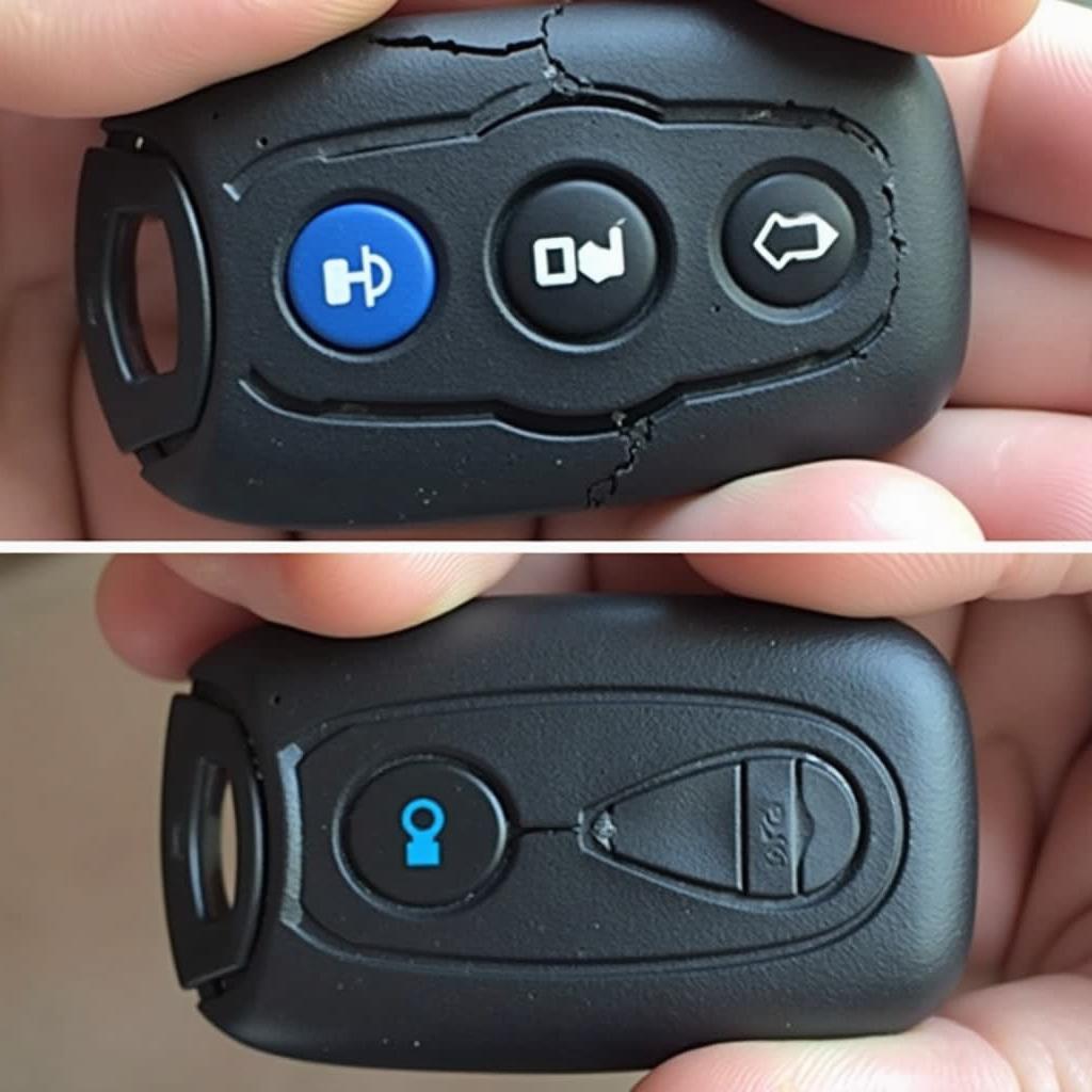 A damaged 2018 Ford Fusion key fob with a cracked casing and worn buttons.