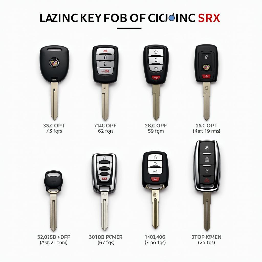 Various models of Cadillac SRX key fobs throughout the years