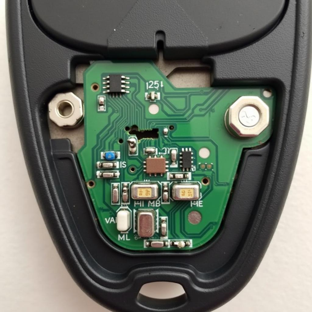 Close-up view of a disassembled Honda Civic key fob showing internal damage, possibly a broken circuit or corroded contacts.