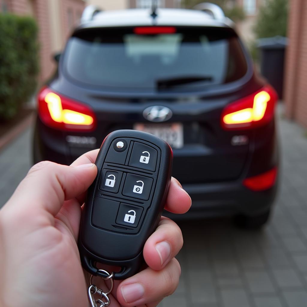 Hyundai Tucson Key Fob Working: Image of a hand holding a Hyundai Tucson key fob, with the car's lights flashing in the background, indicating successful operation after battery replacement.