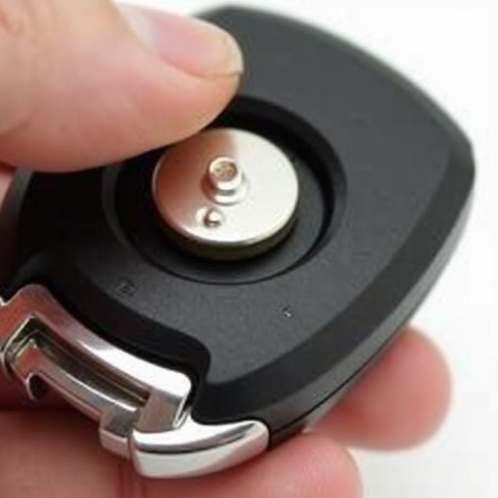 Installing a New CR2032 Battery in a Volvo S60 Key Fob - Demonstrating the correct placement and orientation of the battery within the key fob compartment.