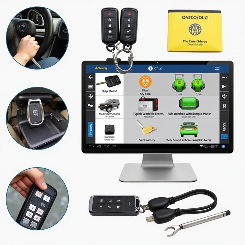 Various tools used for programming Jeep key fobs, including diagnostic scanners and key programmers.