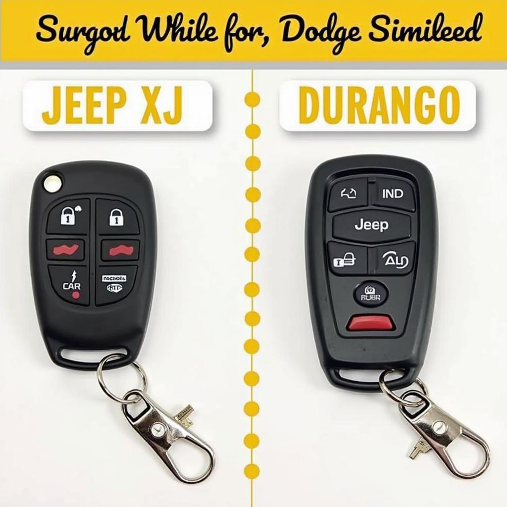 Jeep XJ and Durango Key Fob Comparison - Side-by-side comparison of a Jeep XJ key fob and a Dodge Durango key fob, highlighting their differences.