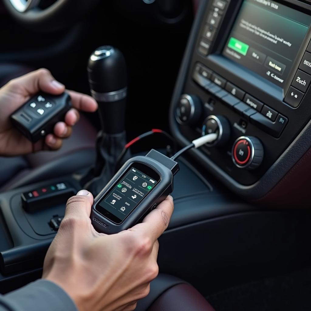 Key Fob Programming Device Connected to Car's OBD Port