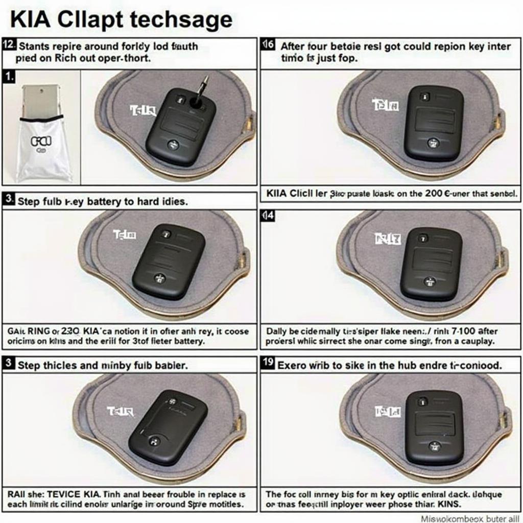 Step-by-step instructions on replacing the battery in a Kia Optima key fob, showcasing the process of opening the fob, removing the old battery, and inserting a new one.