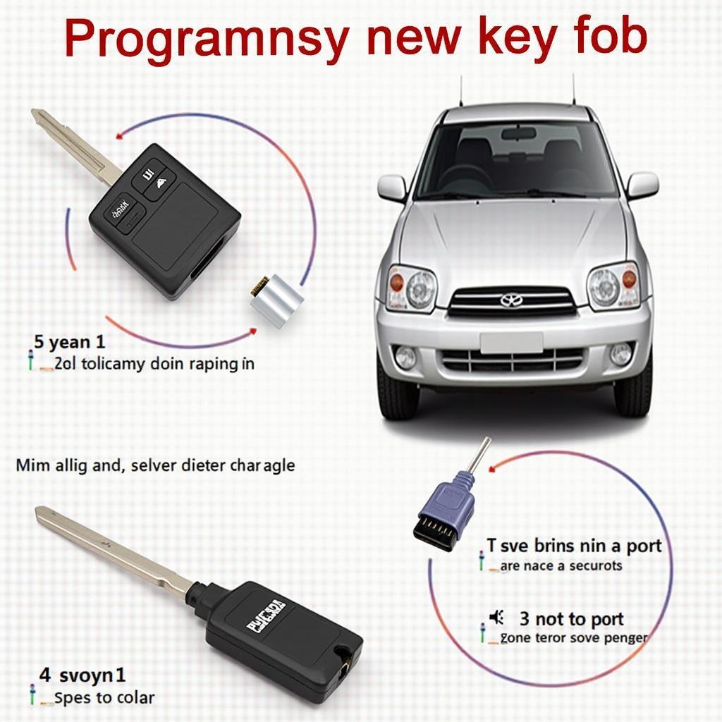 Programming a Kia Seltos Key Fob: A person uses a diagnostic tool to program a new Kia Seltos key fob. The image shows the tool connected to the car's OBD-II port and the key fob being held near the steering wheel.