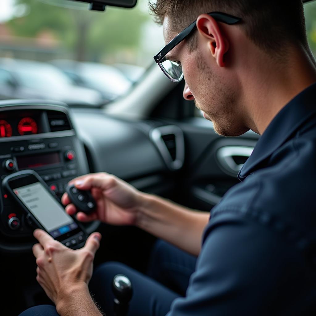 Professional key fob repair services for a 2016 Kia Soul. An automotive technician diagnoses and fixes key fob issues using specialized equipment.