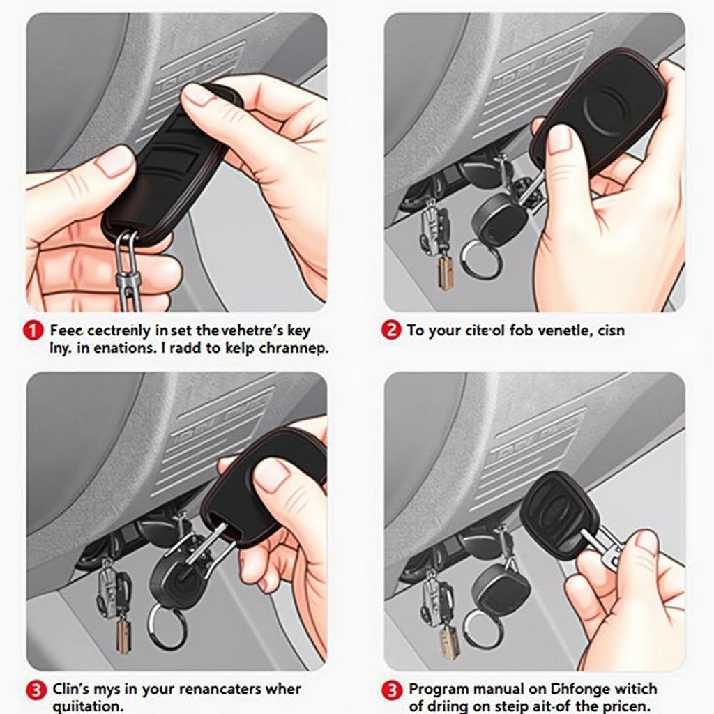 Programming a Nissan Rogue Key Fob: A person is shown programming a Nissan Rogue key fob using the vehicle's onboard programming system, following the instructions in the owner's manual.