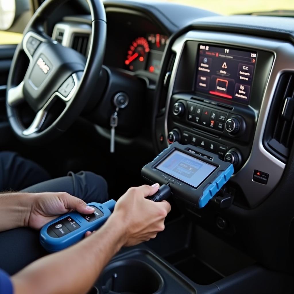 A Technician Programming a 2014 GMC Sierra Key Fob with Specialized Equipment