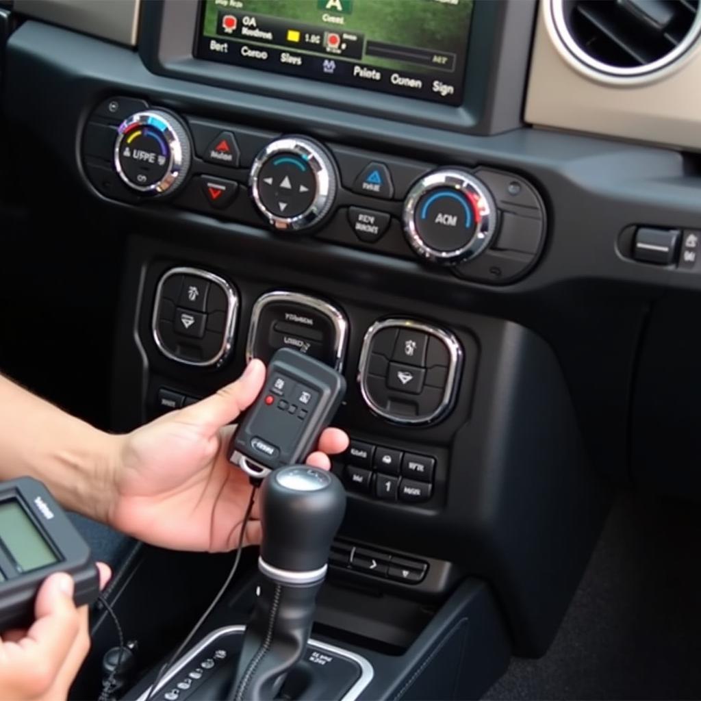 A technician programming a 2018 Jeep Key Fob using specialized equipment.