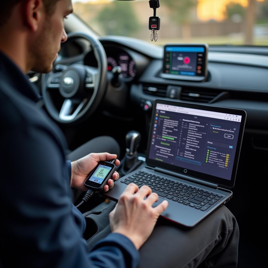 Professional programming a Kia key fob using specialized diagnostic tools.