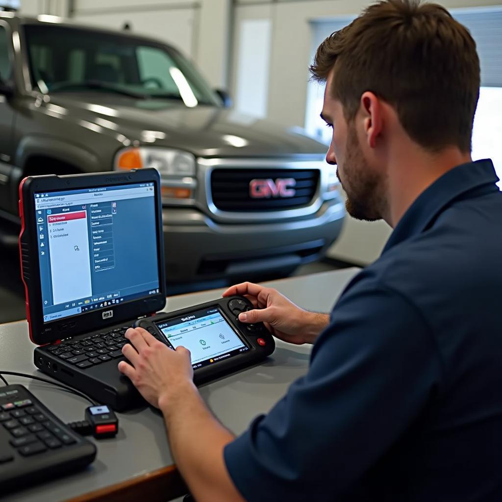 Professional programming a 2002 GMC Yukon key fob: An automotive technician uses specialized diagnostic equipment to program a key fob, highlighting the expertise required for complex key fob issues.