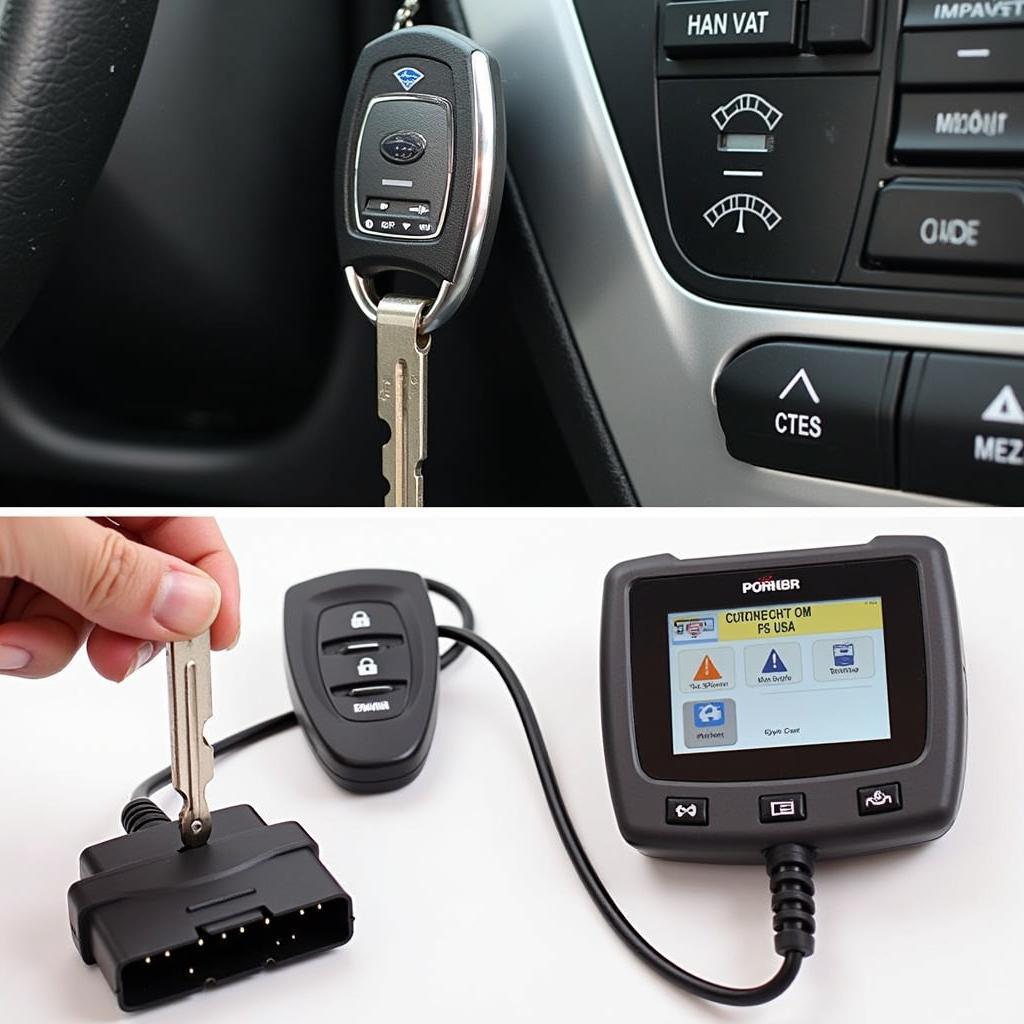 Programming a 2011 Subaru Impreza key fob, showing a key in the ignition and a diagnostic tool connected to the OBD-II port.