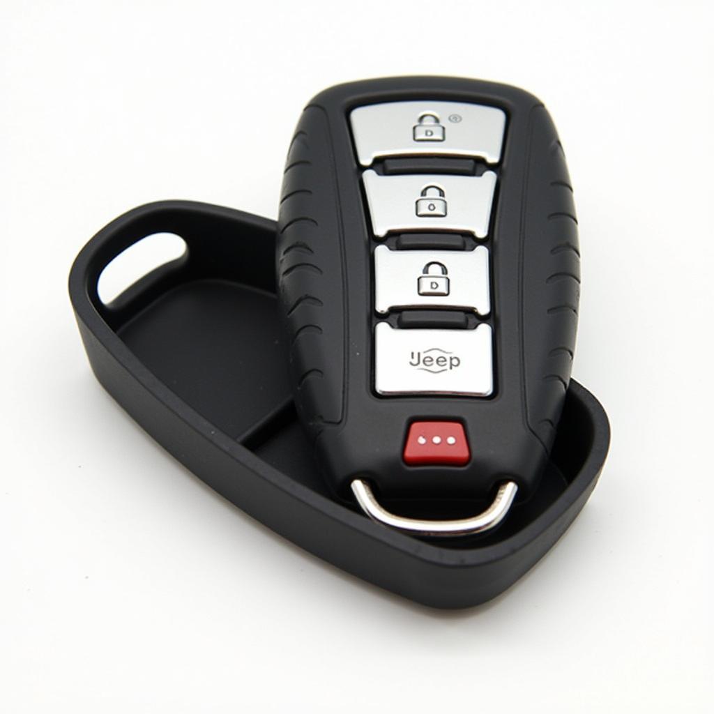 A Jeep key fob inside a protective cover.