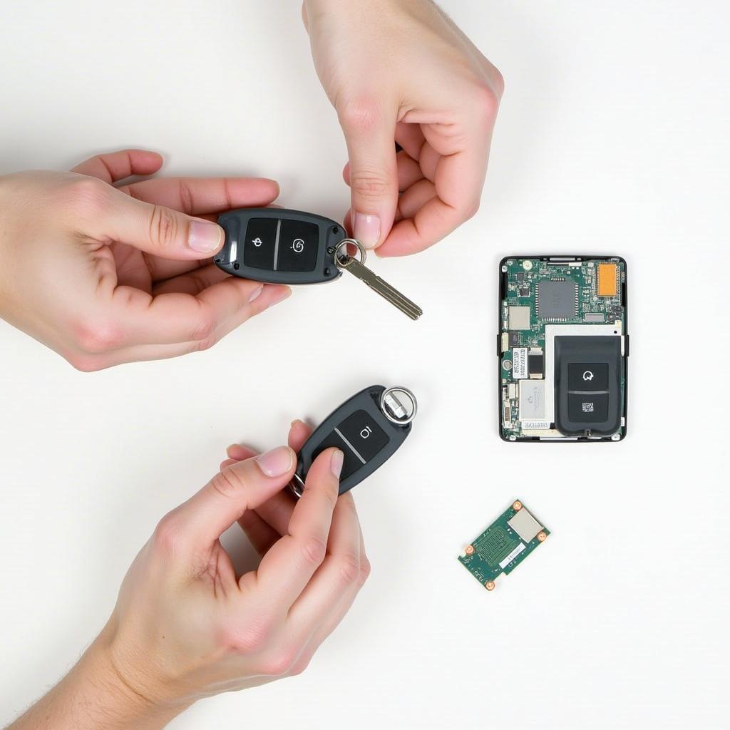 Removing the Old Mercedes Key Fob Battery: This image shows a person using a small flathead screwdriver to carefully pry the old battery out of the key fob.