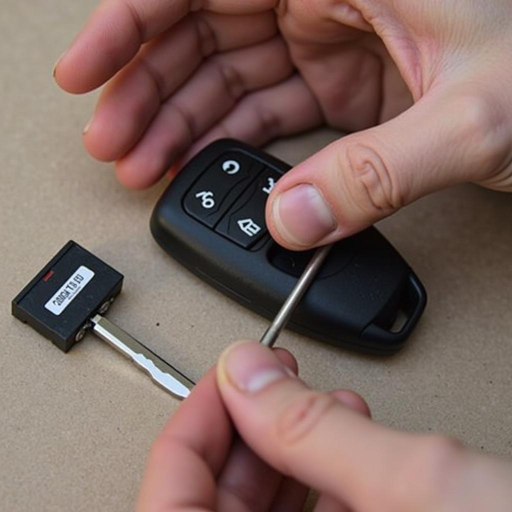 Replacing the 2017 Chevy Suburban Key Fob Battery:  A person carefully installs a new CR2032 battery into the key fob.