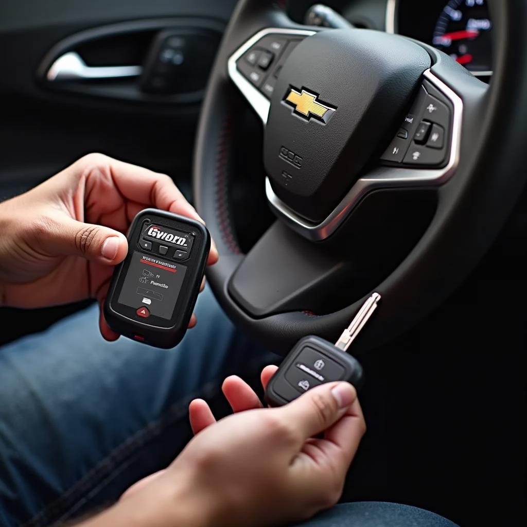 Reprogramming a 2017 Chevy Camaro key fob using a programming tool and the car's onboard computer system.