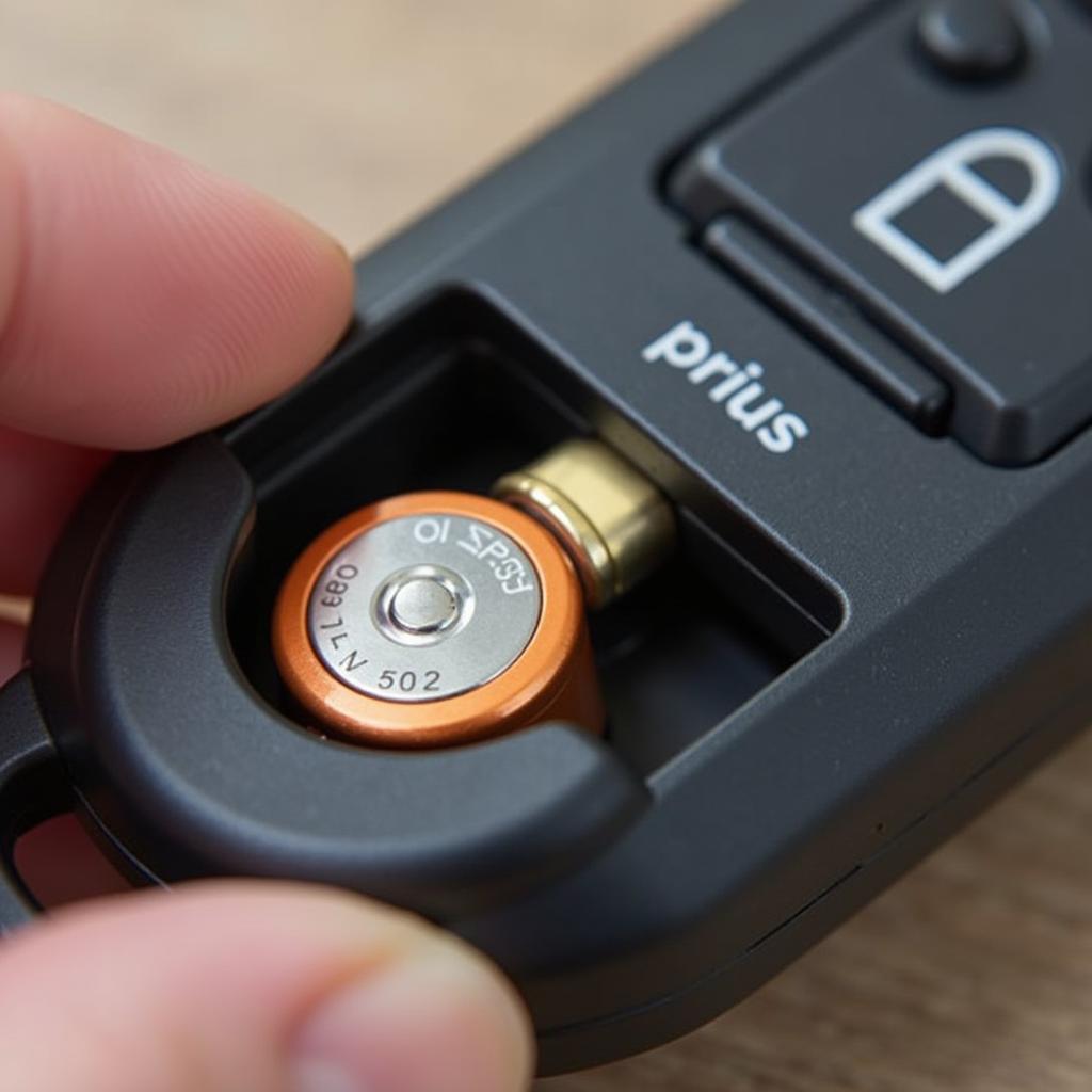 Installing a new battery in a 2016 Toyota Prius key fob: Detailed visuals of the battery placement and proper orientation within the key fob casing.