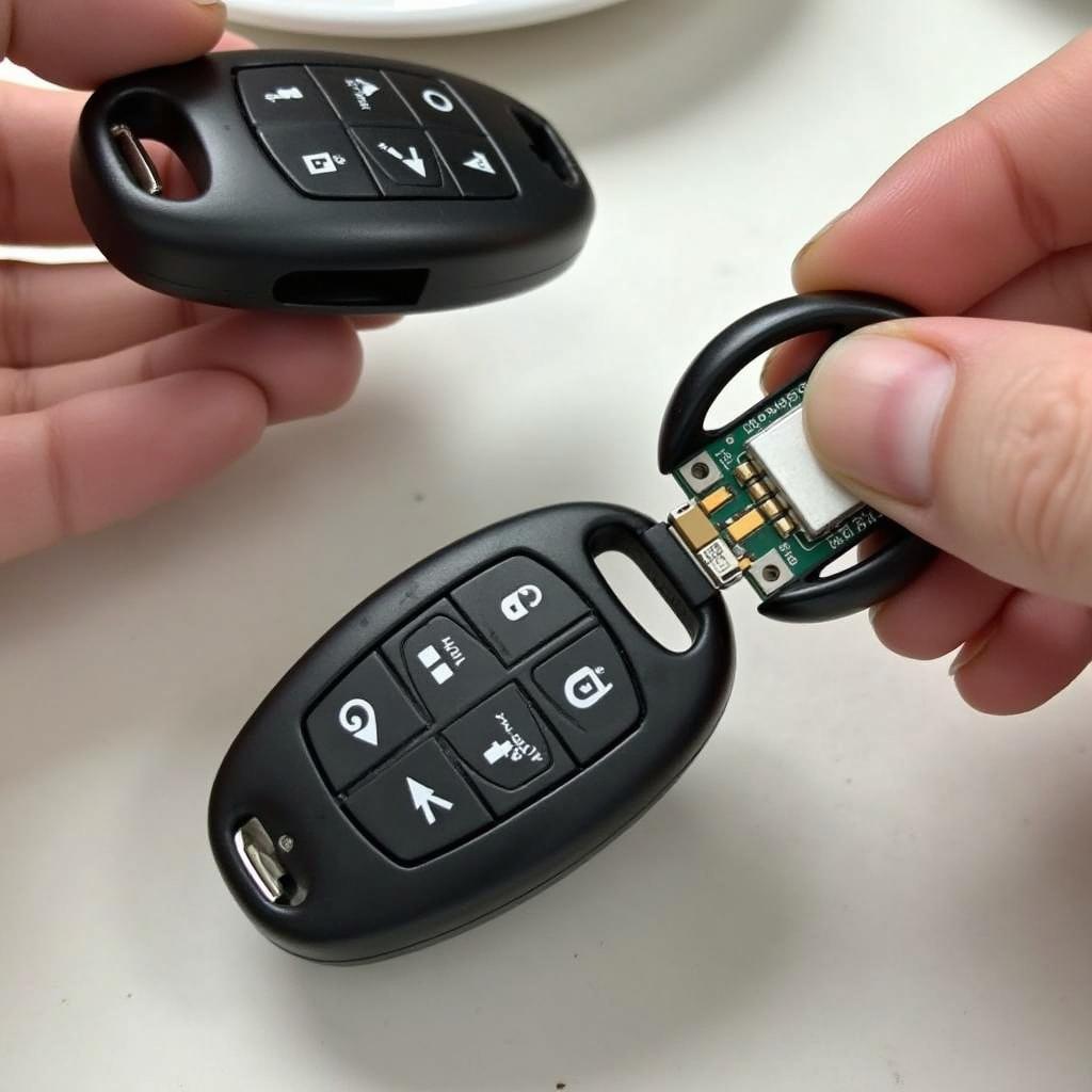 Carefully transferring the internal components of a 2006 BMW 325xi key fob to a new shell.