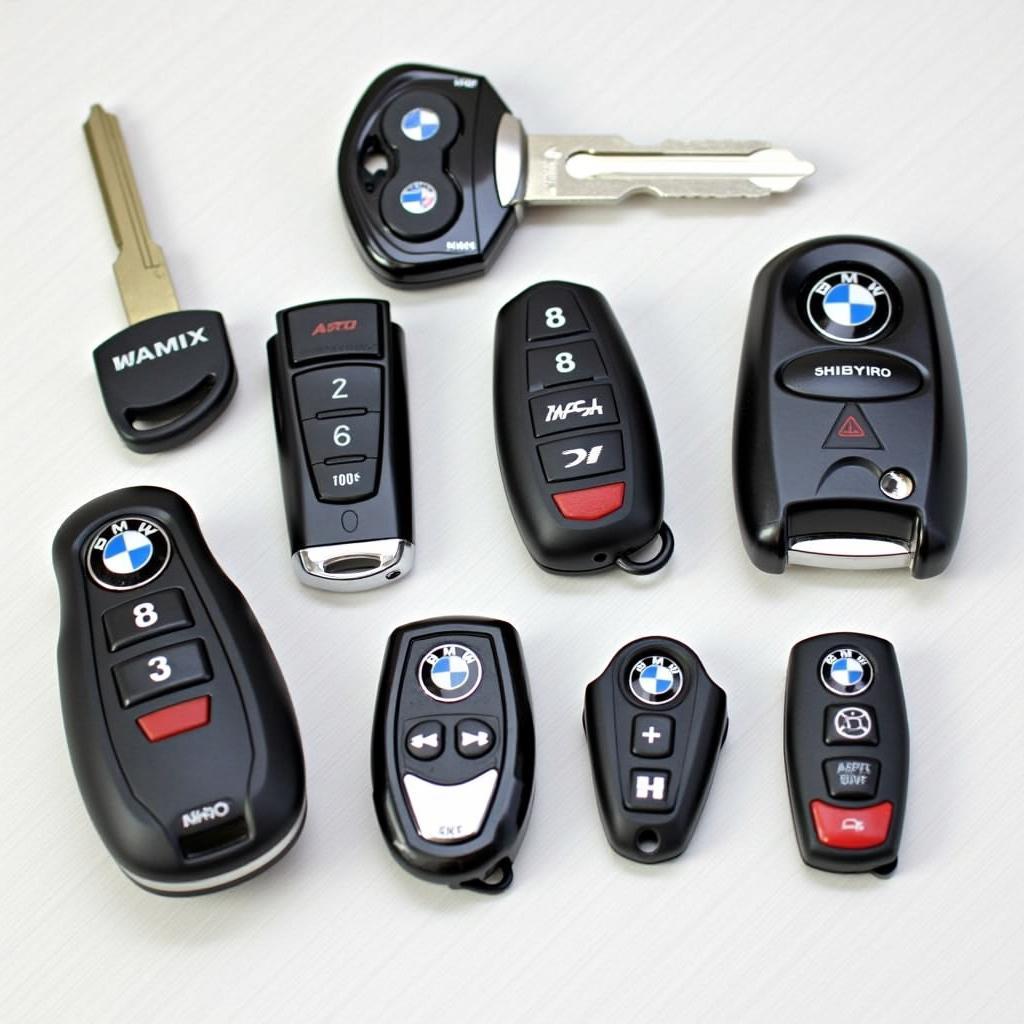 A selection of different BMW motorcycle key fobs.