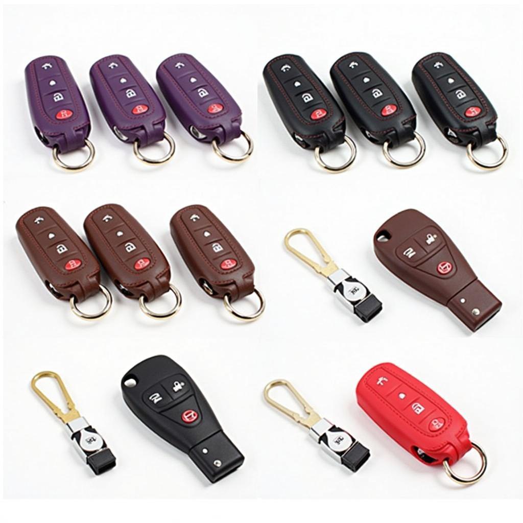 Display of various Hyundai Tucson key fob covers in different colors and materials