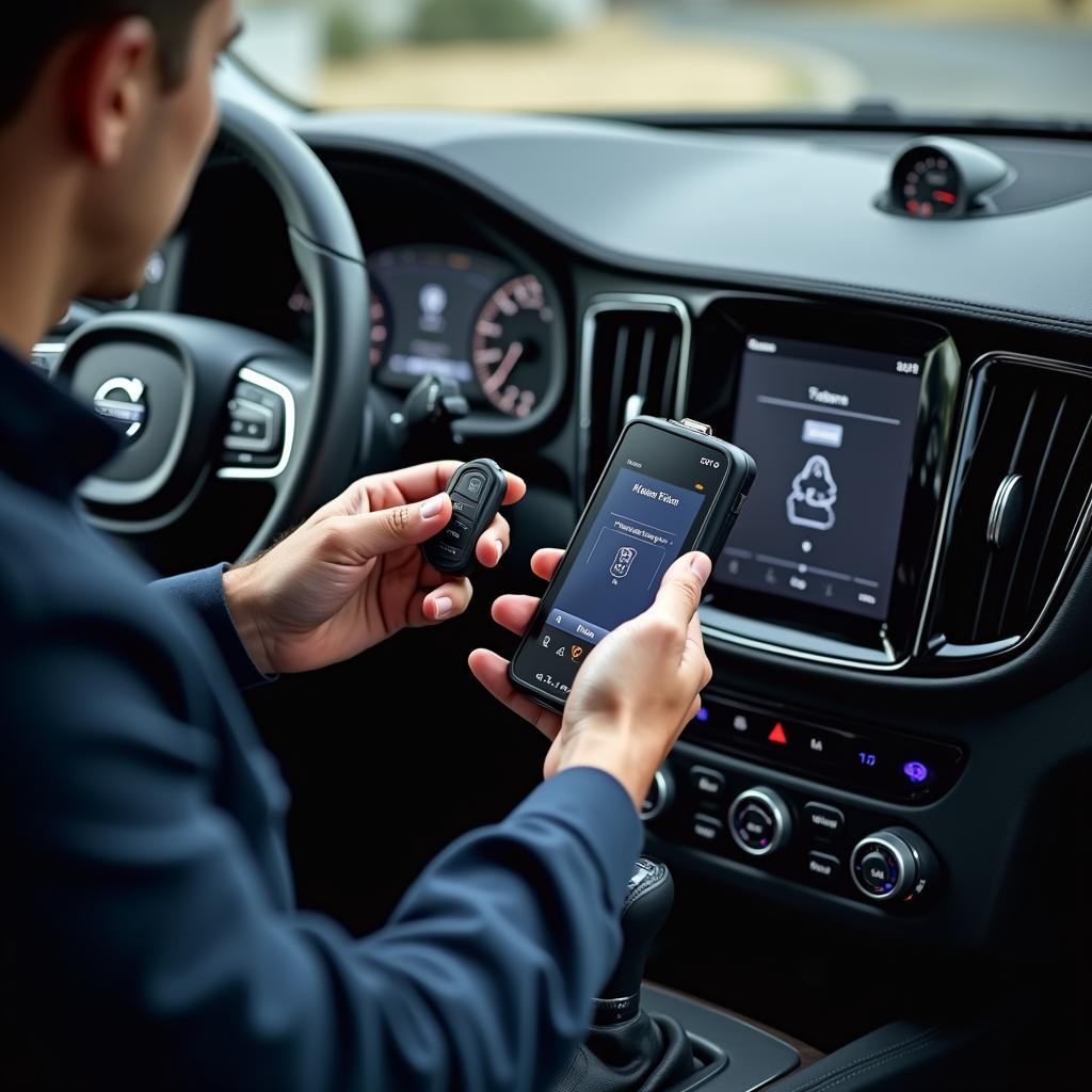 A technician using diagnostic equipment to program a 2020 Volvo S60 key fob.