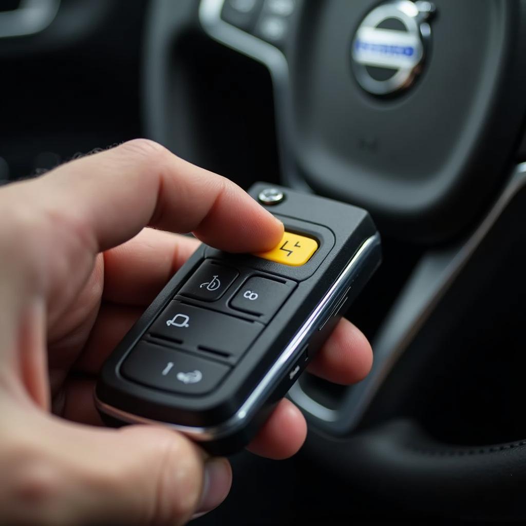 Volvo S80 key fob with yellow button pressed